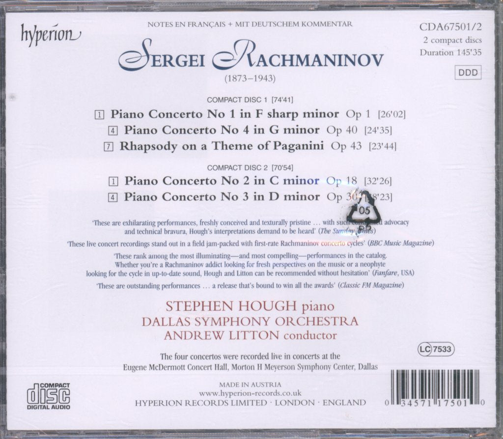Stephen Hough, Dallas Symphony Orchestra, Andrew Litton - Rachmaninov - Piano Concertos, Paganini Rhapsody - Double Cd