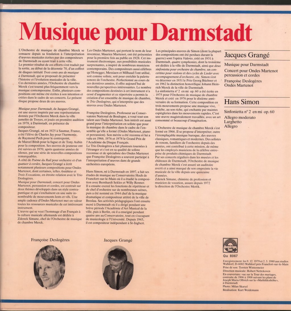 Kammerorchester Merck / Zdenek Simane / Francoise Deslogeres - Musik für Darmstadt - Jacques Grange / Hans Simon - Lp