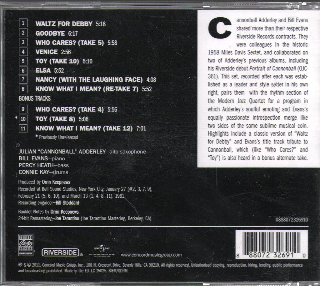 Cannonball Adderley With Bill Evans - Know What I Mean? - Cd