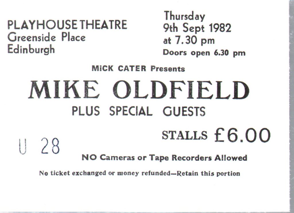 Mike Oldfield - Playhouse Theatre Edinburgh 09/09/82 - Ticket