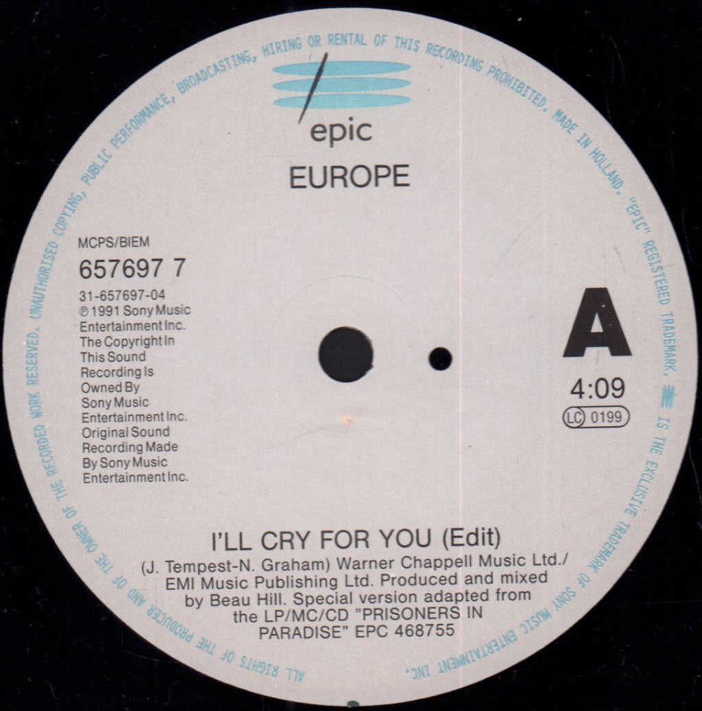 Europe - I'll Cry For You - 7 Inch