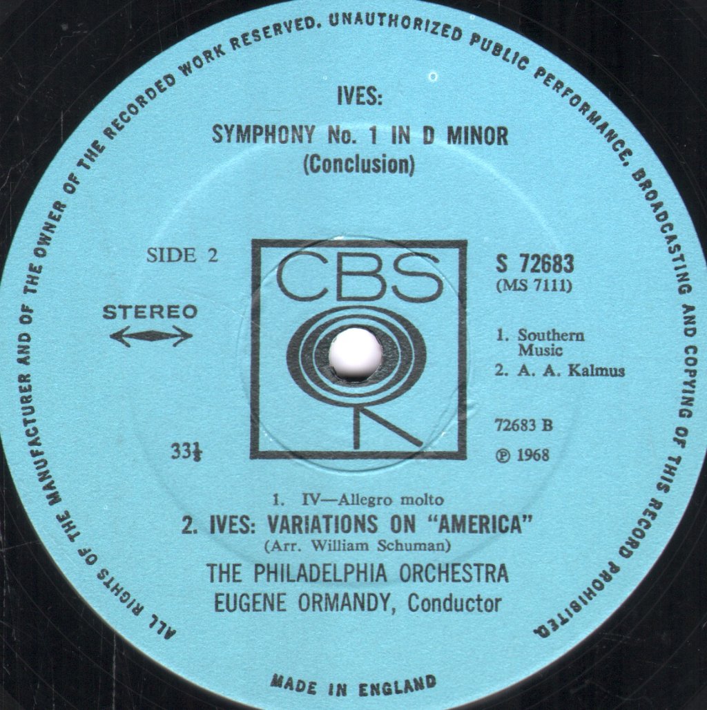 Eugene Ormandy / Philadelphia Orchestra - Charles Ives - Symphony No.1 Varaiations On America - Lp