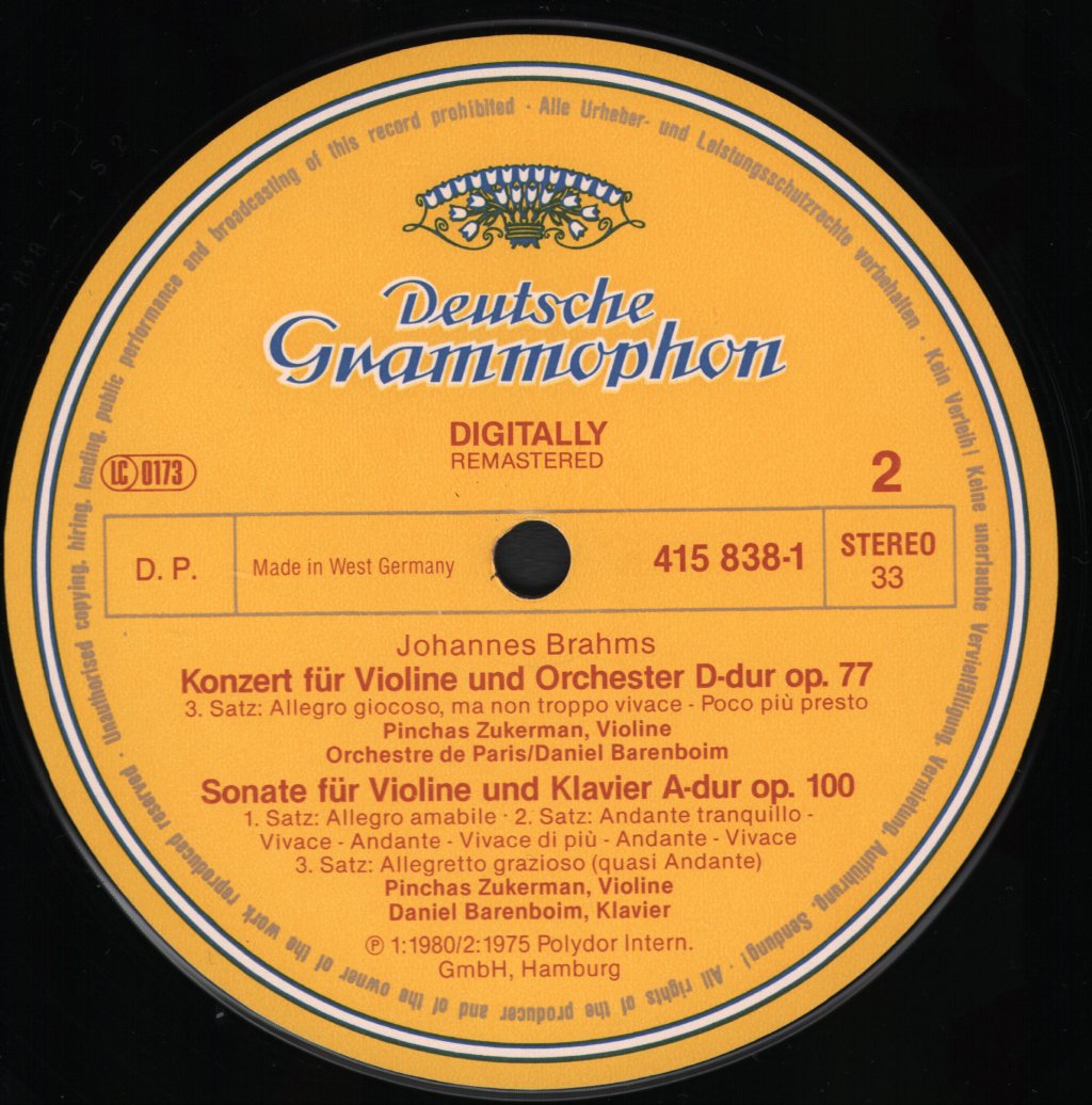 Pinchas Zukerman / Daniel Barenboim - Johannes Brahms - Violin Concerto / Sonata No.2 - Lp