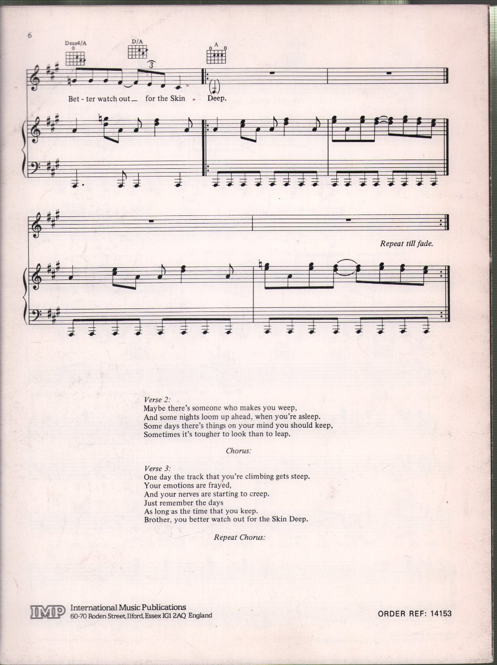 Stranglers - Skin Deep - Sheet Music