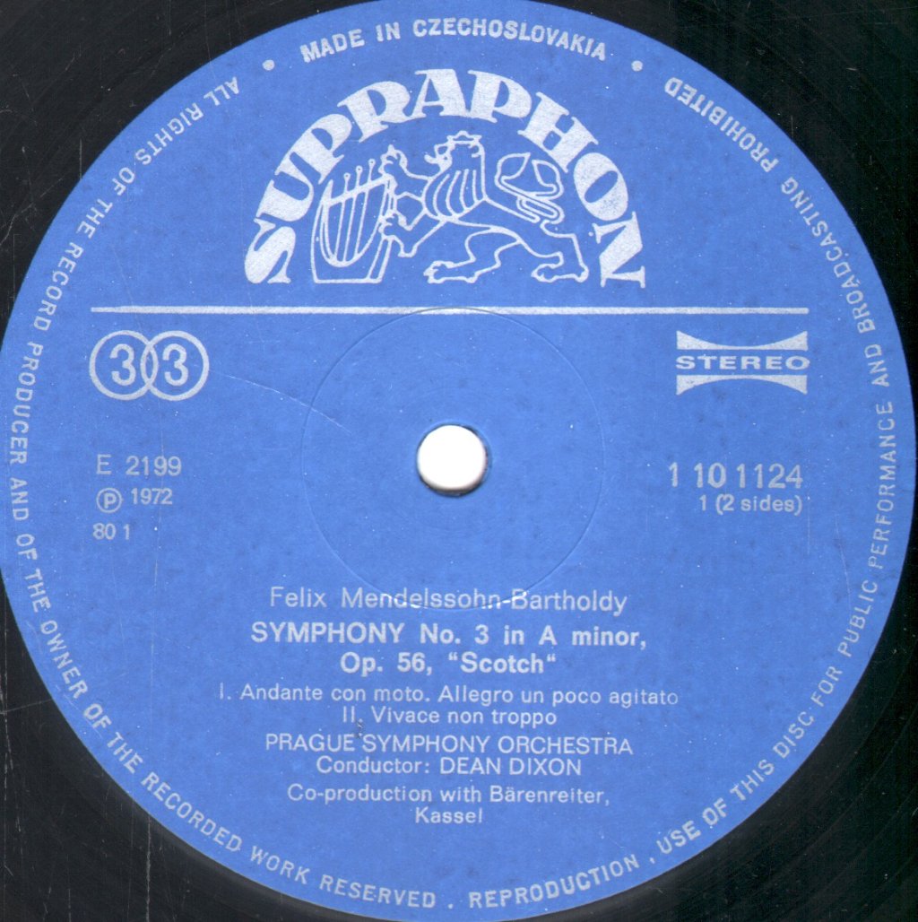 Prague Symphony Orchestra / Dean Dixon - Mendelssohn - Symphony No. 3 In A Minor "Scotch" - Lp