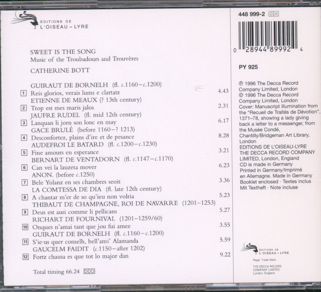 Catherine Bott - Sweet Is The Song = Doux Est Le Chant (Music Of The Troubadours & Trouvères) - Cd