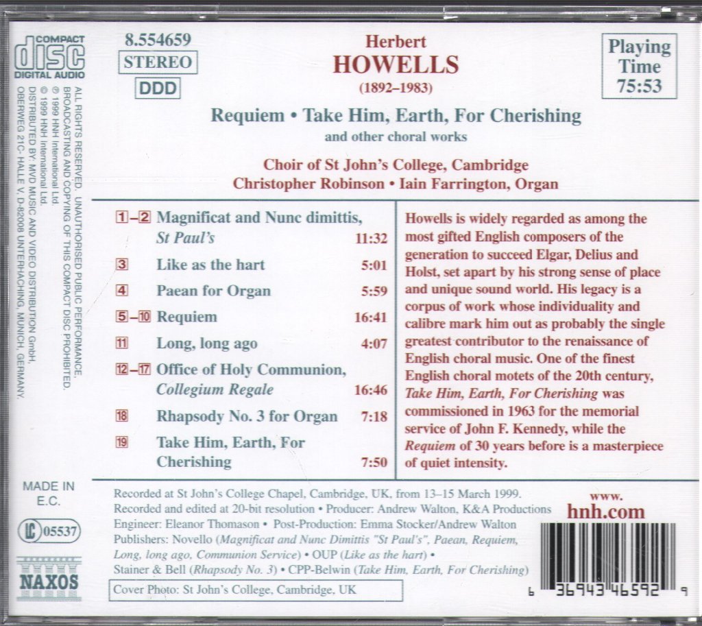 Herbert Howells - Requiem • Take Him, Earth, For Cherishing (And Other Choral Works) - Cd