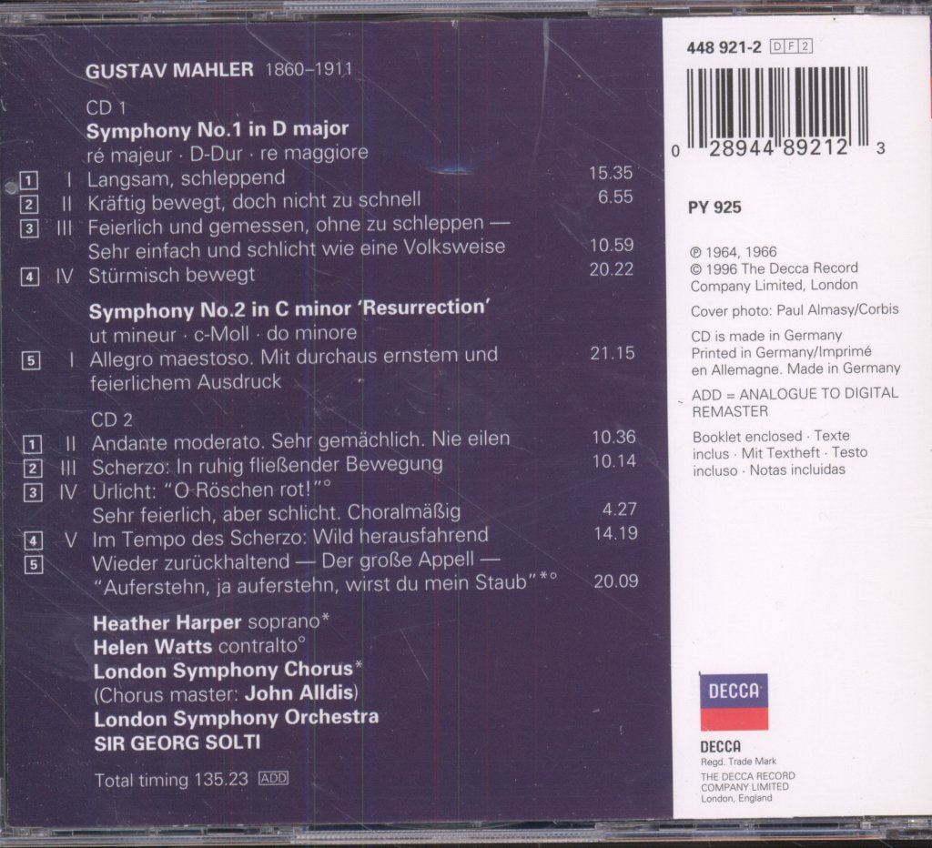 Sir Georg Solti, Heather Harper, Helen Watts, London Symphony Orchestra, Chorus - Mahler - Symphonies N° 1 & 2 - Double Cd