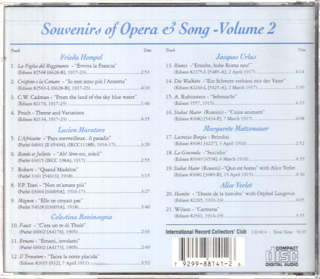 Various Artists - Souvenirs of Opera and Song Volume 2 - Cd