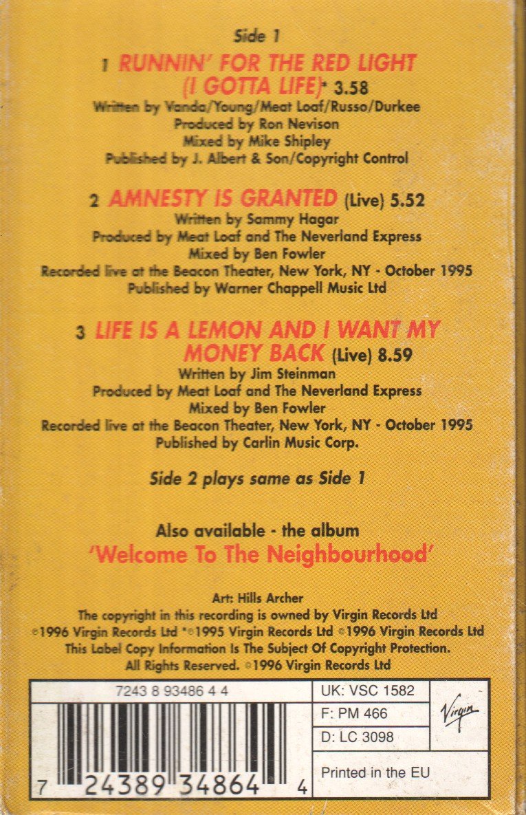 Meat Loaf - Runnin' For The Red Light - Cassette