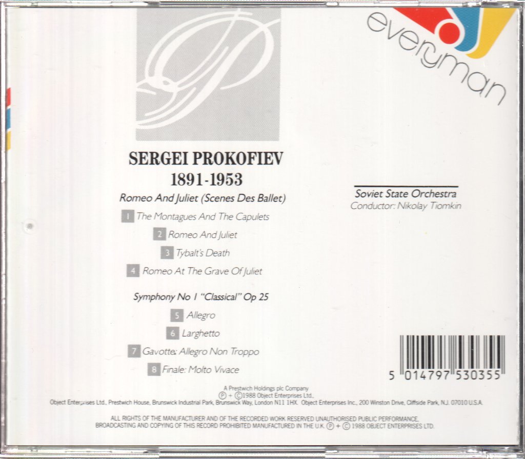 Soviet State Orchestra, Nikolay Tiomkin - Prokofiev - Romeo And Juliet (Highlights) - Symphony No 1 "Classical" - Cd