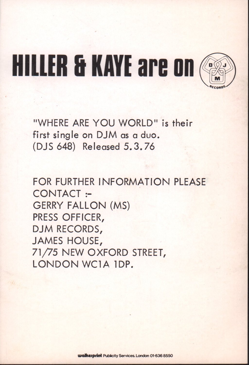 hiller and kaye - Where Are You World - 7 Inch