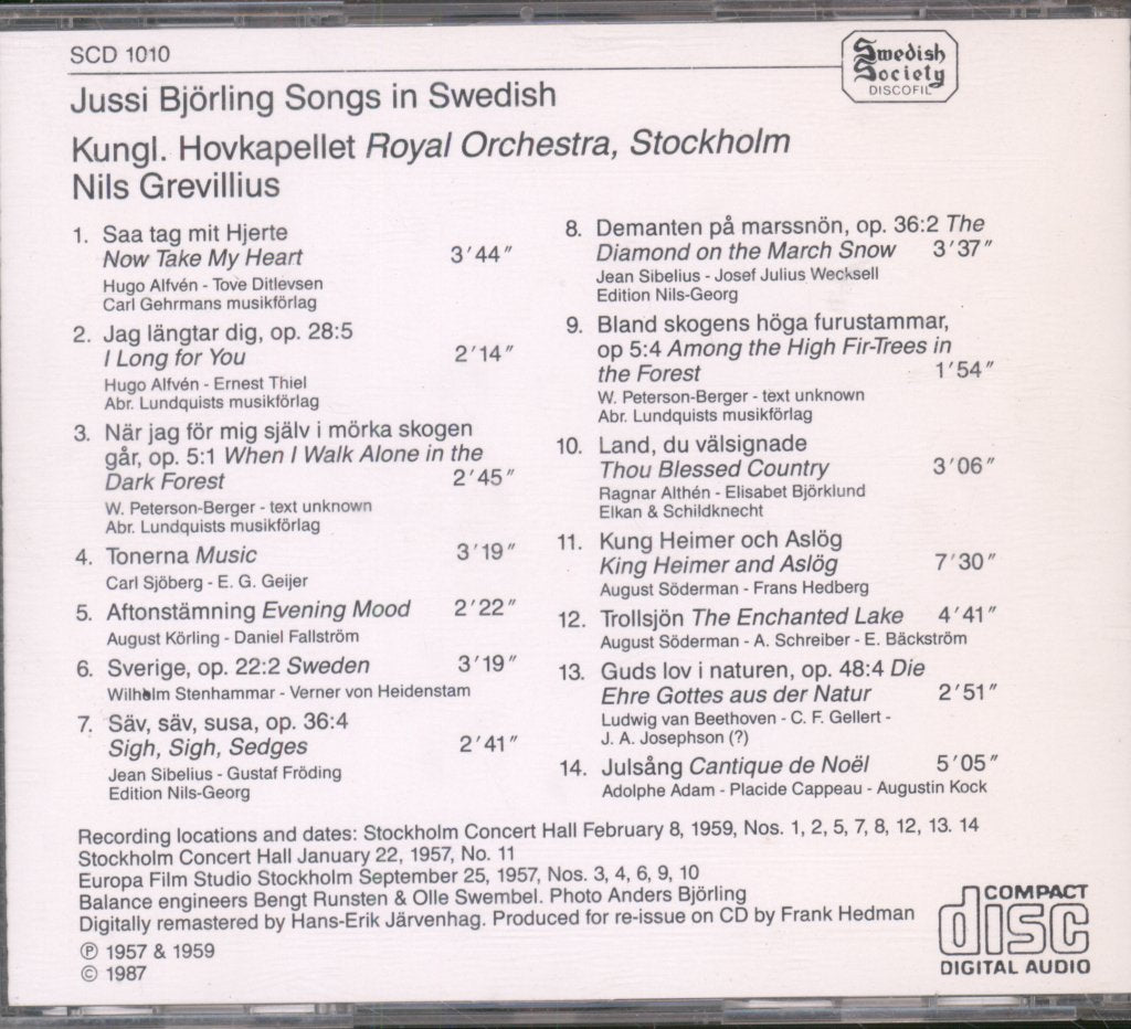 Jussi Björling - Songs In Swedish - Cd