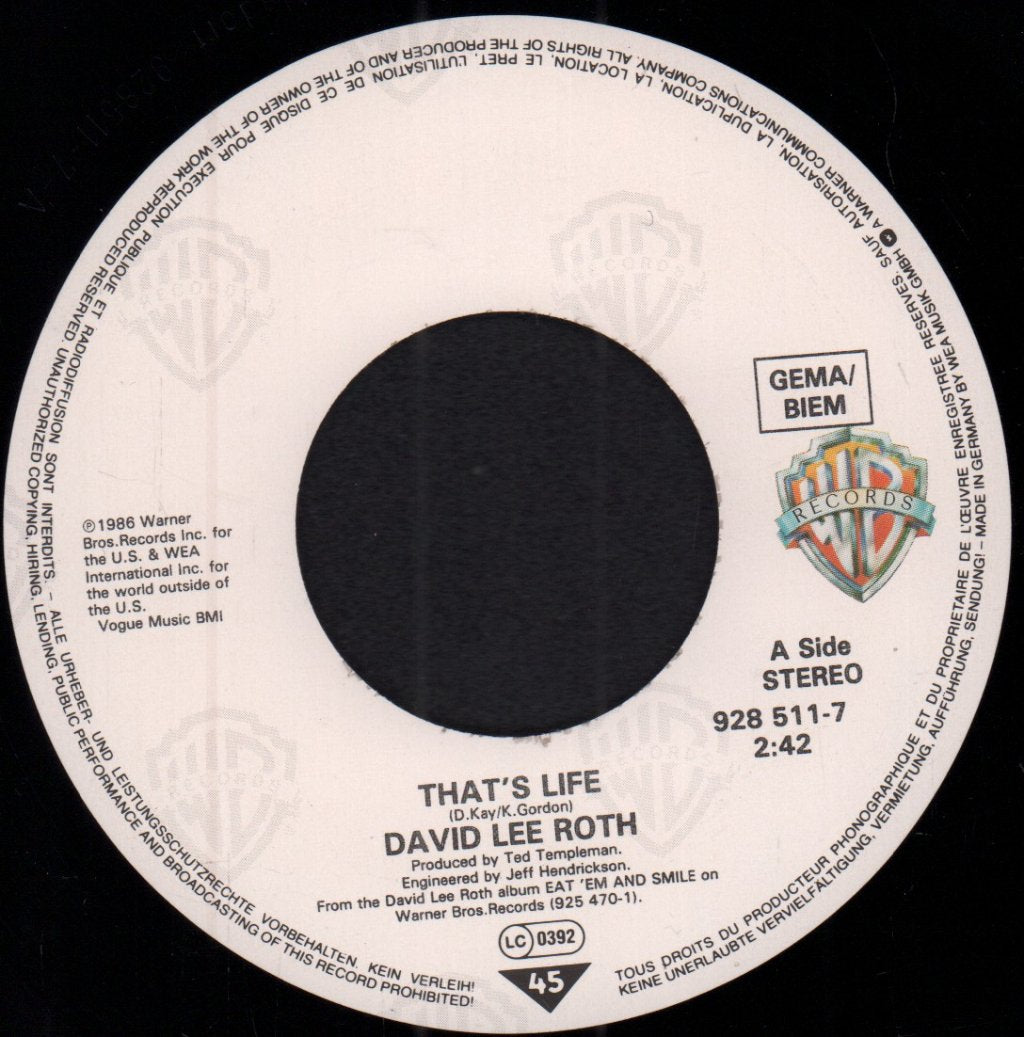 David Lee Roth - That's Life - 7 Inch
