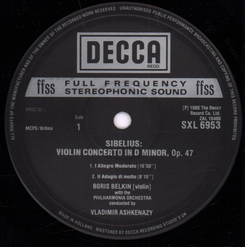 Boris Belkin / Vladimir Ashkenazy / Philharmonia Orch. - Sibelius Violin Concerto / Two Serious Melodies - Lp