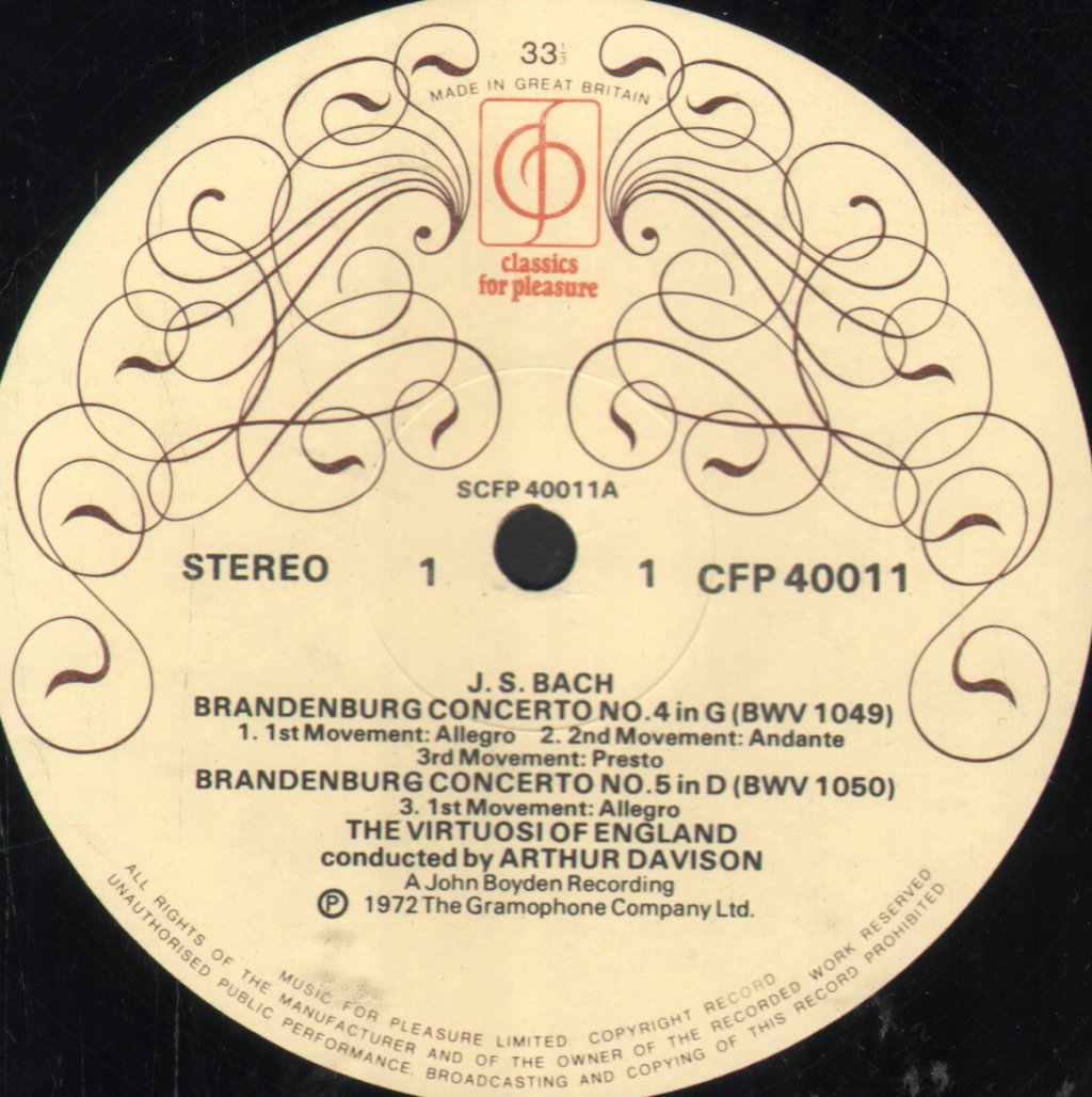 Arthur Davison / Virtuosi Of England - Bach - Brandenburg Concertos No. 4 In G Major / No. 5 In D Major / No. 6 In B Flat Major - Lp