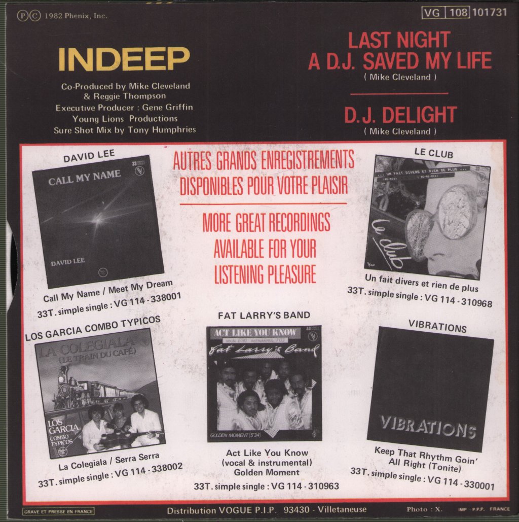 Indeep - Last Night A Dj Saved My Life - 7 Inch
