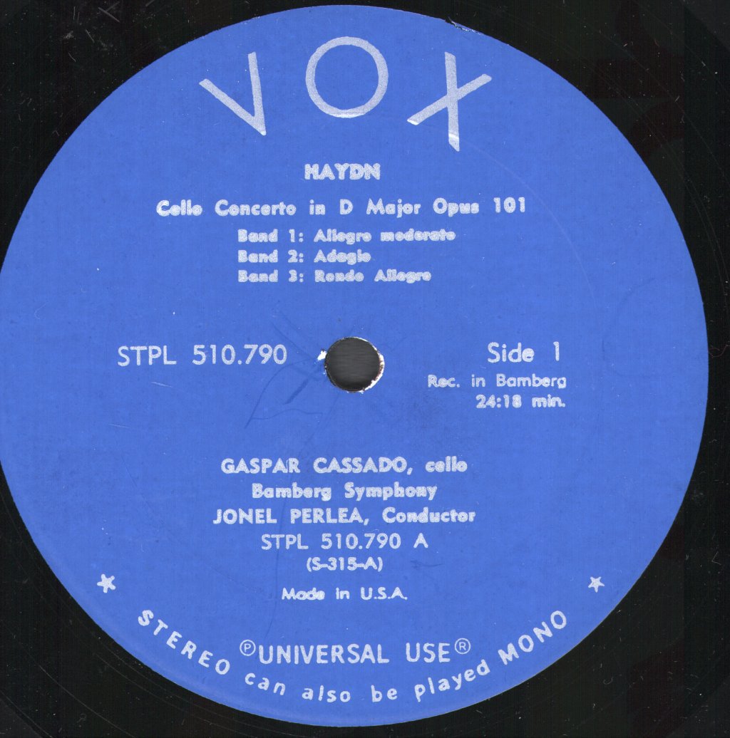 Gaspar Cassado / Bamberg Symphony Orchestra / Jonel Perlea - Cello Concertos - Haydn / Vivaldi / Boccherini - Lp