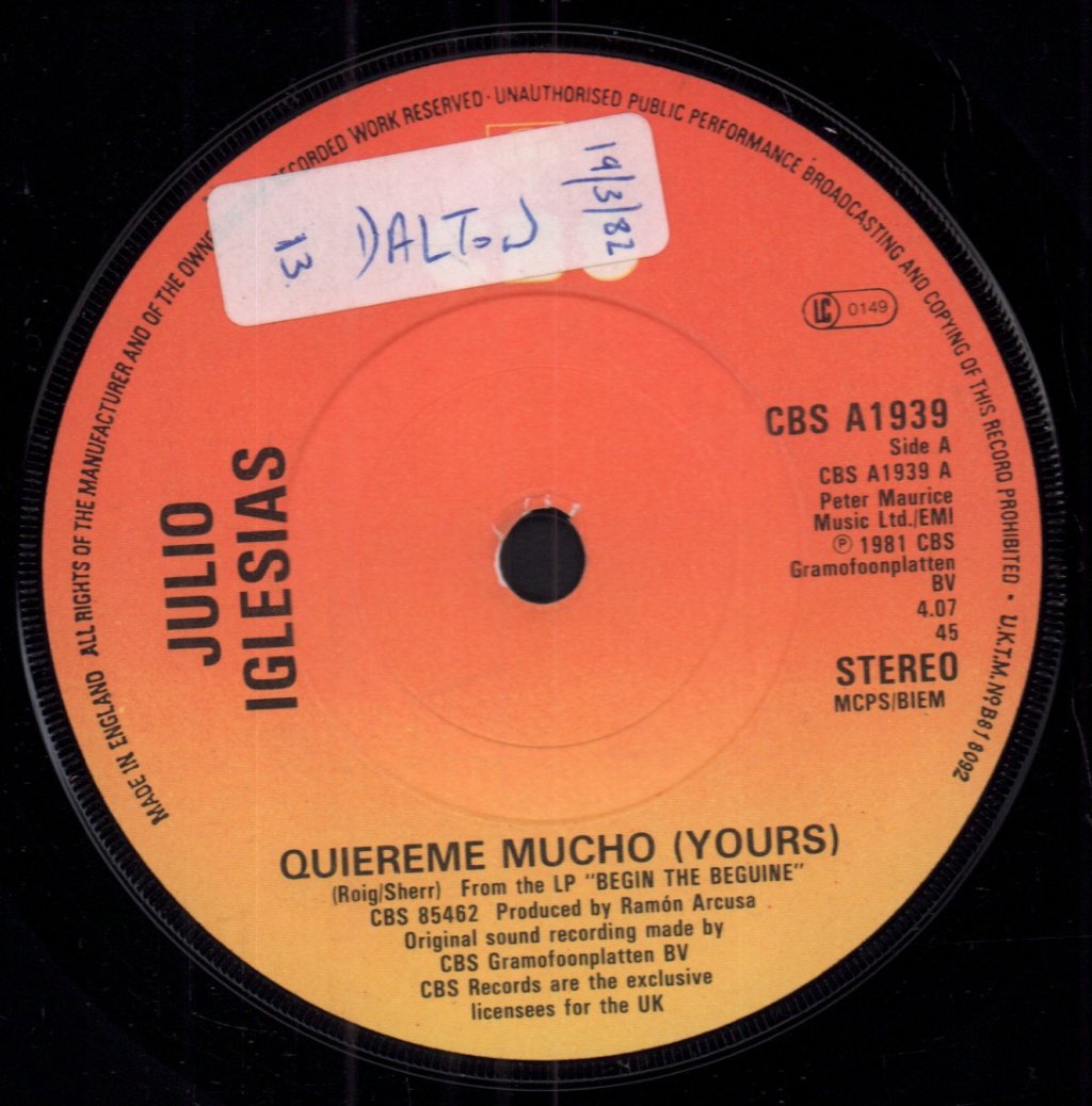 Julio Iglesias - Quiereme Mucho (Yours) - 7 Inch