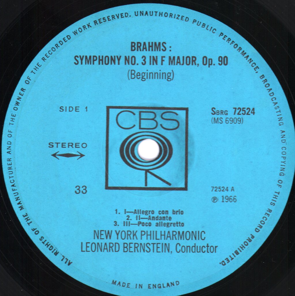 Leonard Bernstein / New York Philharmonic - Brahms - Symphony No. 3 - Lp