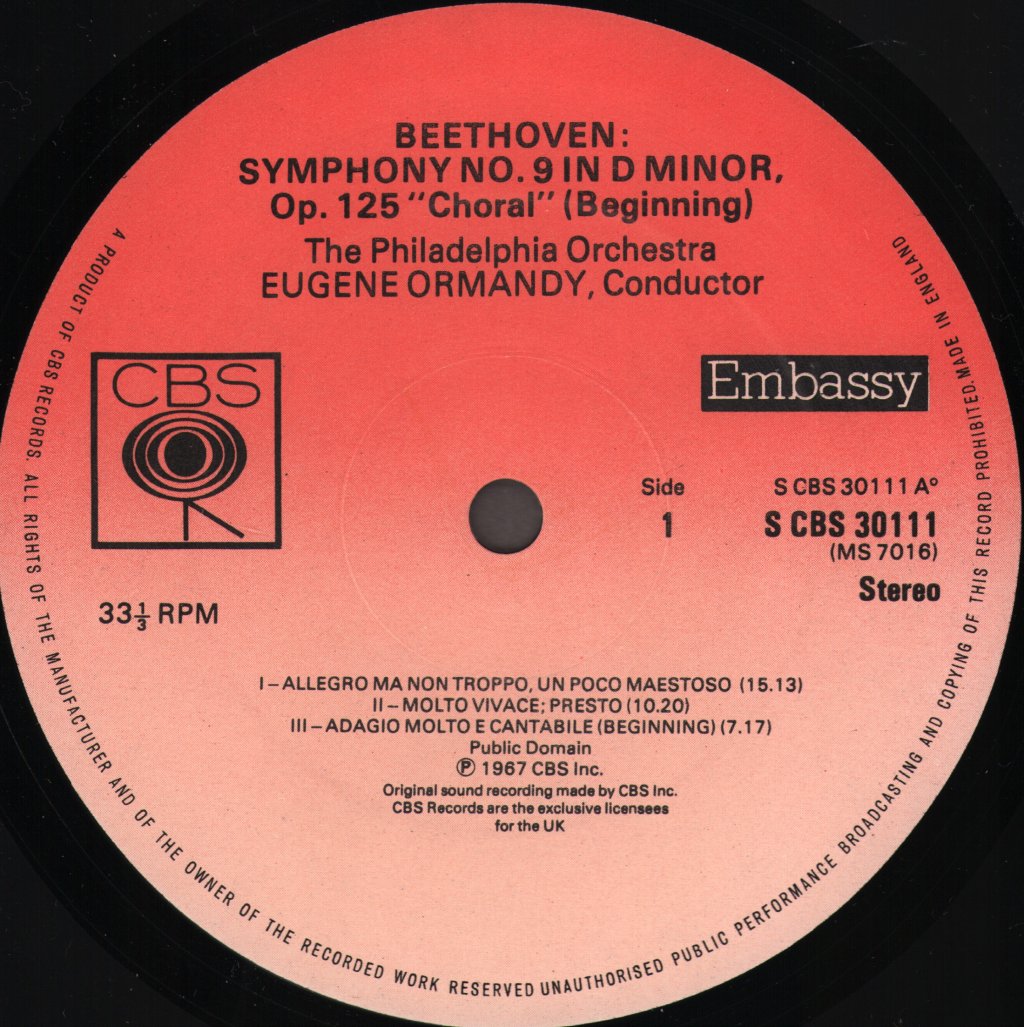 Eugene Ormandy / Philadelphia Orchestra - Beethoven - Symphony No. 9 In D Minor, Op. 125 "Choral" (Beginning) - Lp