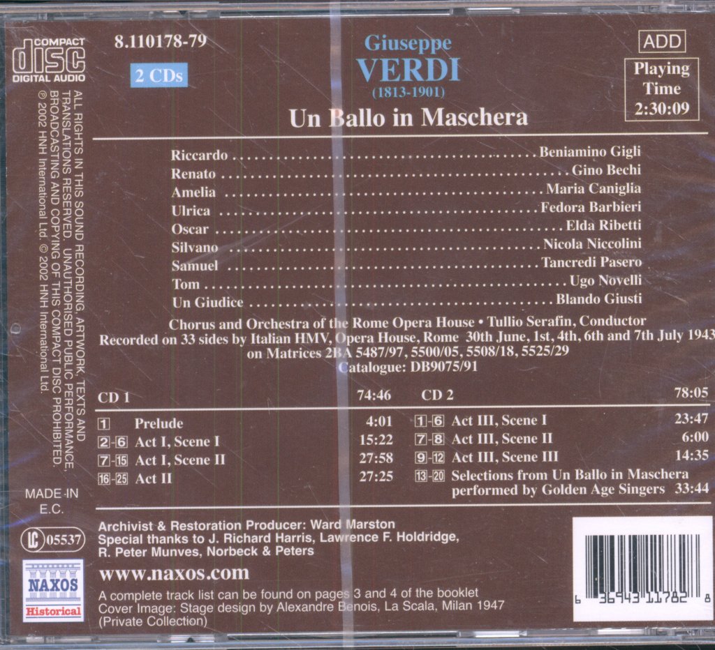 Orchestra Del Teatro Dell'Opera Di Roma, Tullio Serafin - Verdi -Un Ballo In Maschera - Double Cd