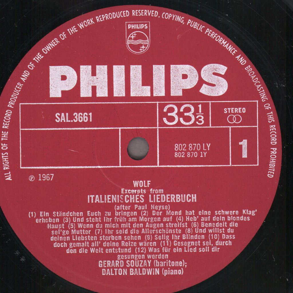 Gerard Souzay / Dalton Baldwin - Hugo Wolf - Excerpts from Italienischen Liederbuch - Lp