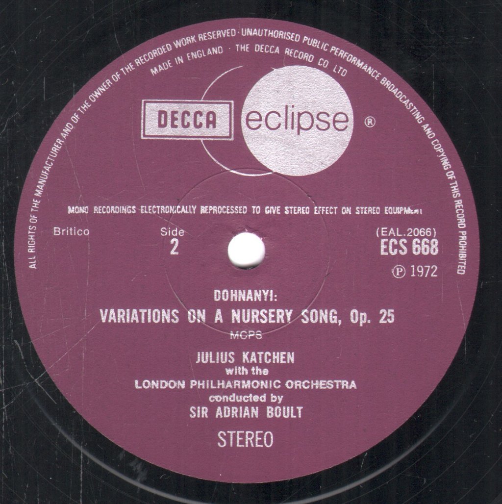 Julius Katchen / London Philharmonic Orchestra / Sir Adrian Boult - Rachmaninov - Rhapsody On A Theme Of Paganini / Dohnányi - Variations On A Nursery Tune - Lp