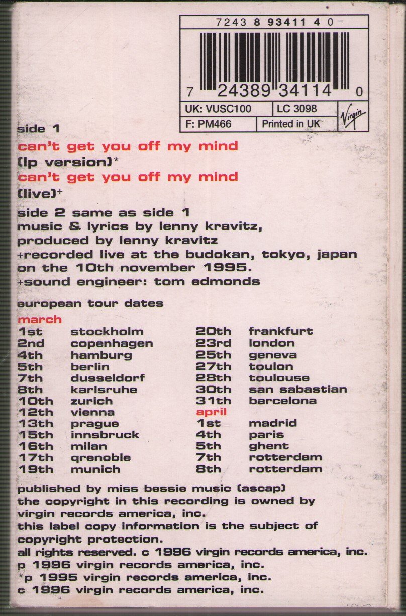 Lenny Kravitz - Can't Get You Off My Mind - Cassette