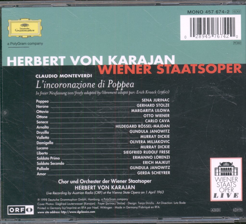 Orchester Der Wiener Staatsoper, Herbert Von Karajan - Monteverdi L’Incoronazione Di Poppea - Double Cd