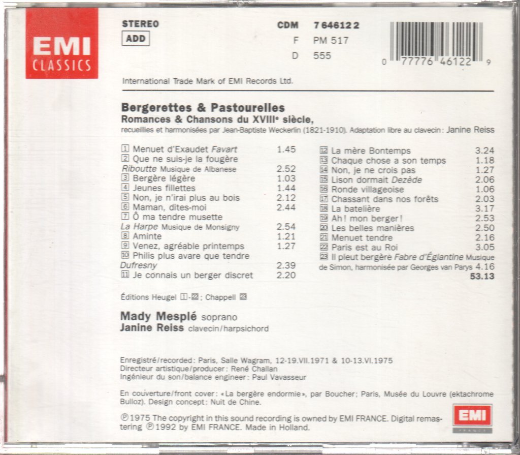 Mady Mesplé, Janine Reiss - Bergerettes Et Pastourelles - Romances Et Chansons Du XVIII Siecle - Cd