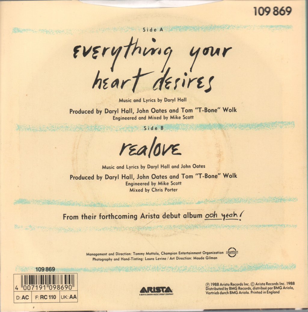 Hall And Oates - Everything Your Heart Desires - 7 Inch