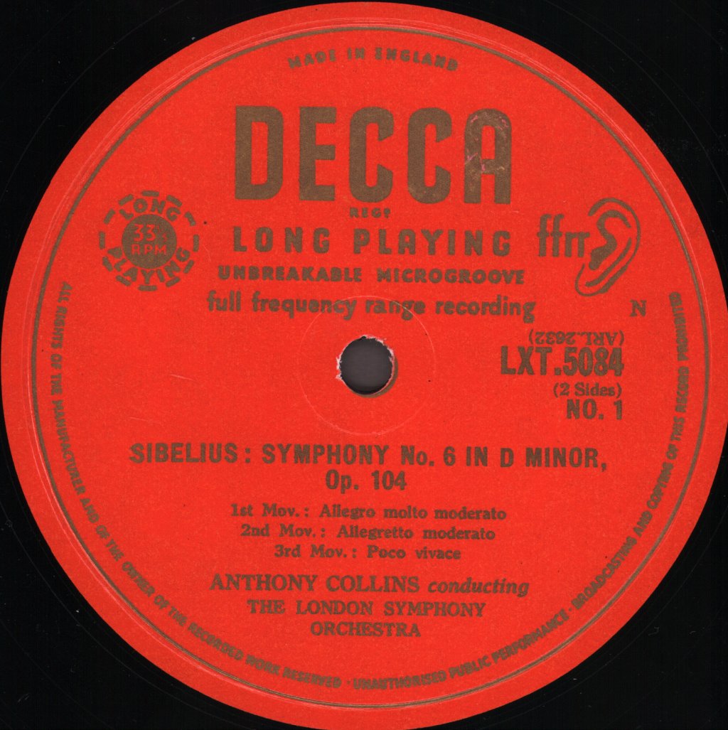 Anthony Collins / London Symphony Orchestra - Sibelius - Symphony No. 6 In D Minor Opus 104 - Lp
