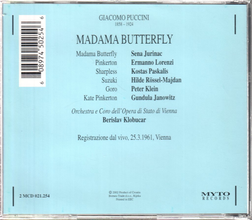 Jurinac, Lorenzi, Paskalis, Klobučar - Puccini - Madama Butterfly - Double Cd