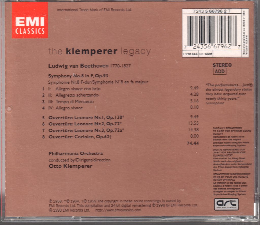 Philharmonia Orchestra - Symphony 8 / Overtures: Leonore 1-3, Coriolan - Cd