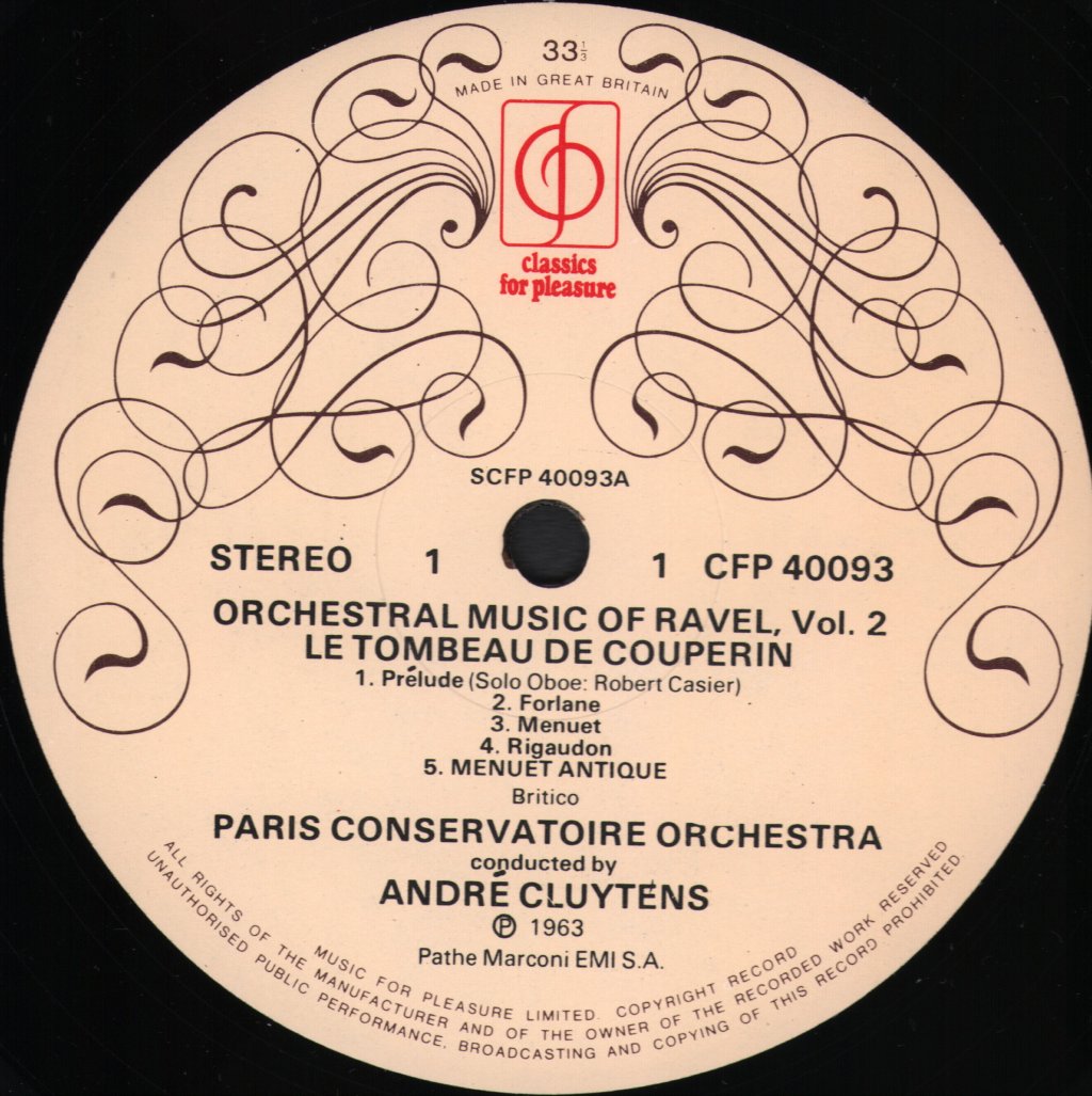 Andre Cluytens / Paris Conservatoire Orchestra - Ravel - Le Tombeau De Couperin - Valses Nobles Et Sentimentales - Lp