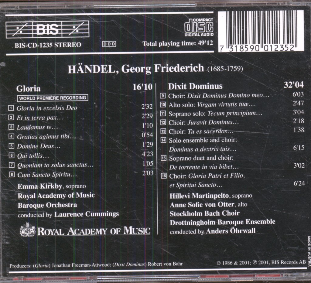 Emma Kirkby, Royal Academy of Music Baroque Orchestra - Handel - Gloria / Dixit Dominus - Cd