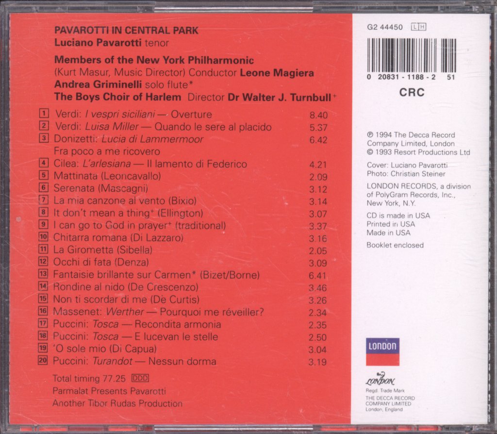 Luciano Pavarotti - Pavarotti In Central Park - Cd
