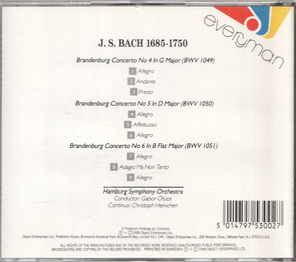 Hamburg Symphony Orchestra - Bach - Brandenburg Concertos Nos 4, 5, 6 - Cd
