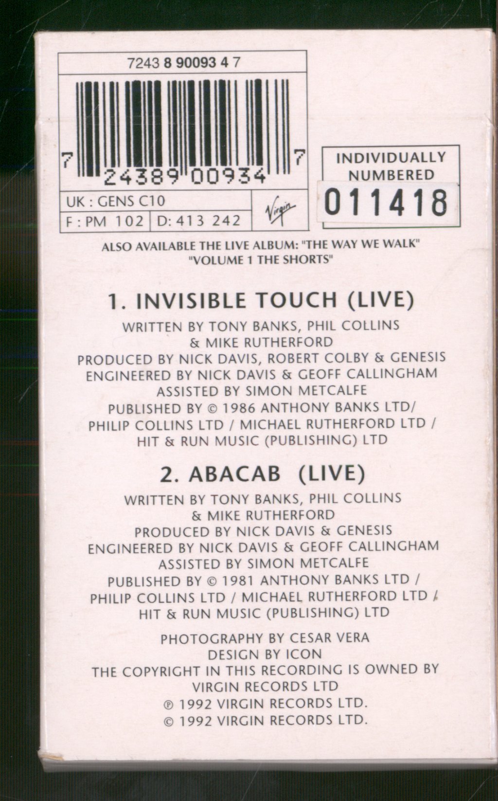Genesis - Invisible Touch (live) - Cassette