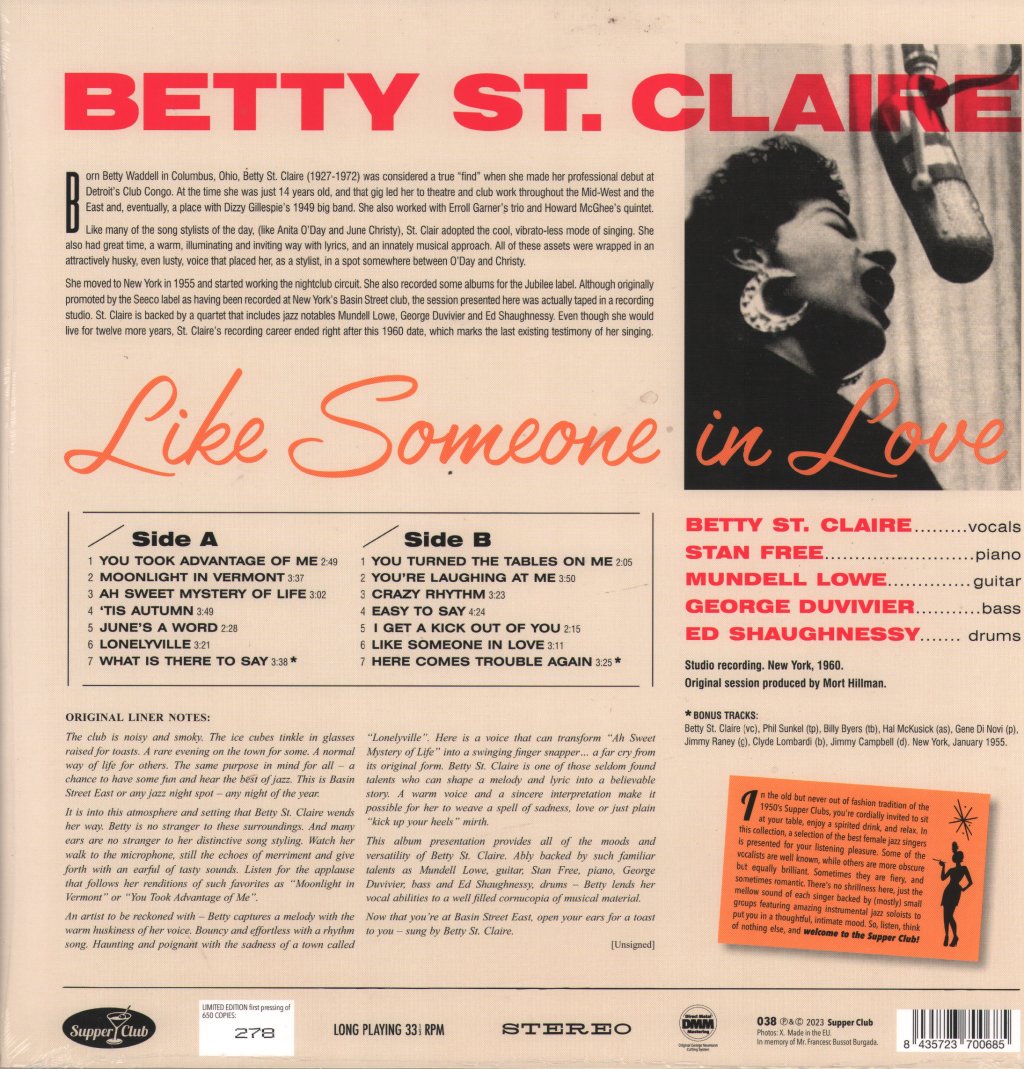 Betty St. Claire - Like Someone In Love - At Basin Street - Lp