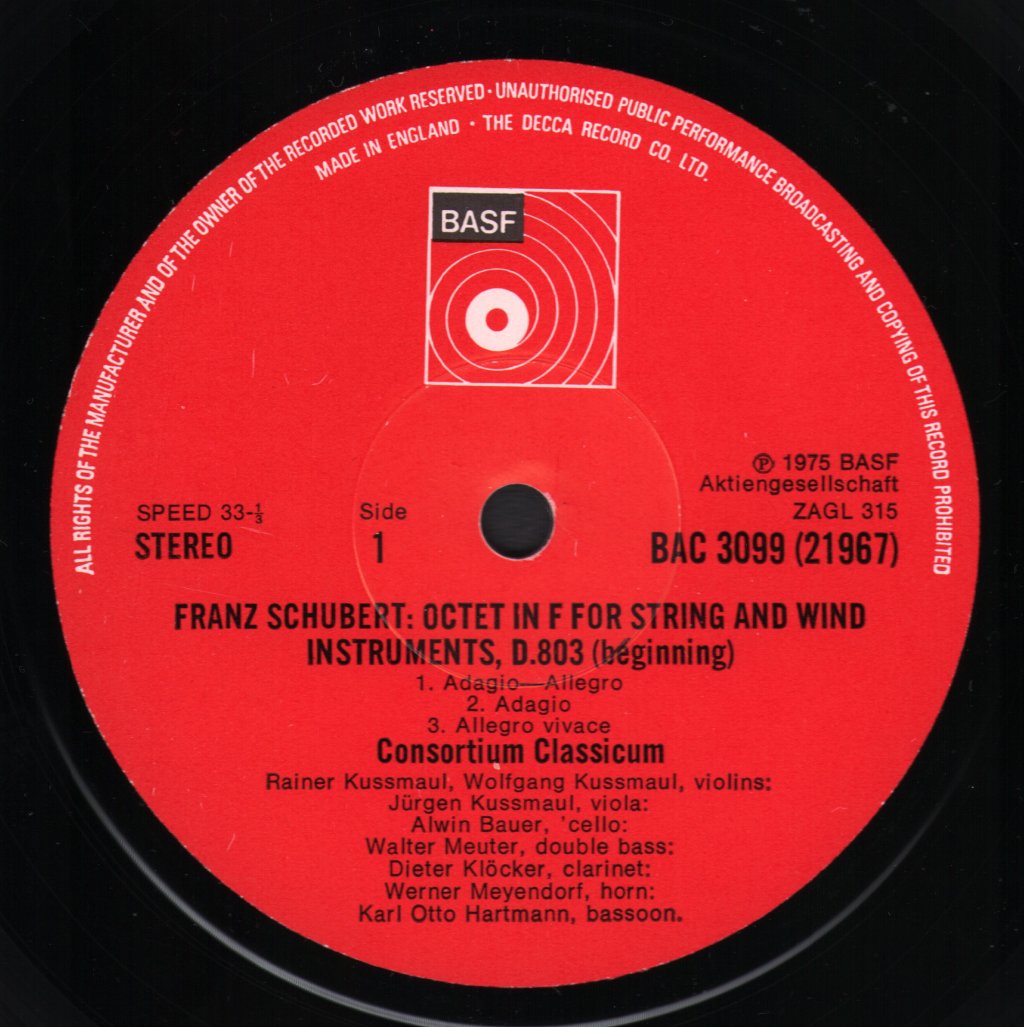 Consortium Classicum / Dieter Klöcker - Franz Schubert - Octet In F Major, Op. 166 - Lp