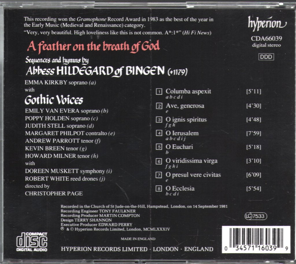 Emma Kirkby with Gothic Voices - Hildegard von Bingen - A Feather On The Breath Of God - Cd