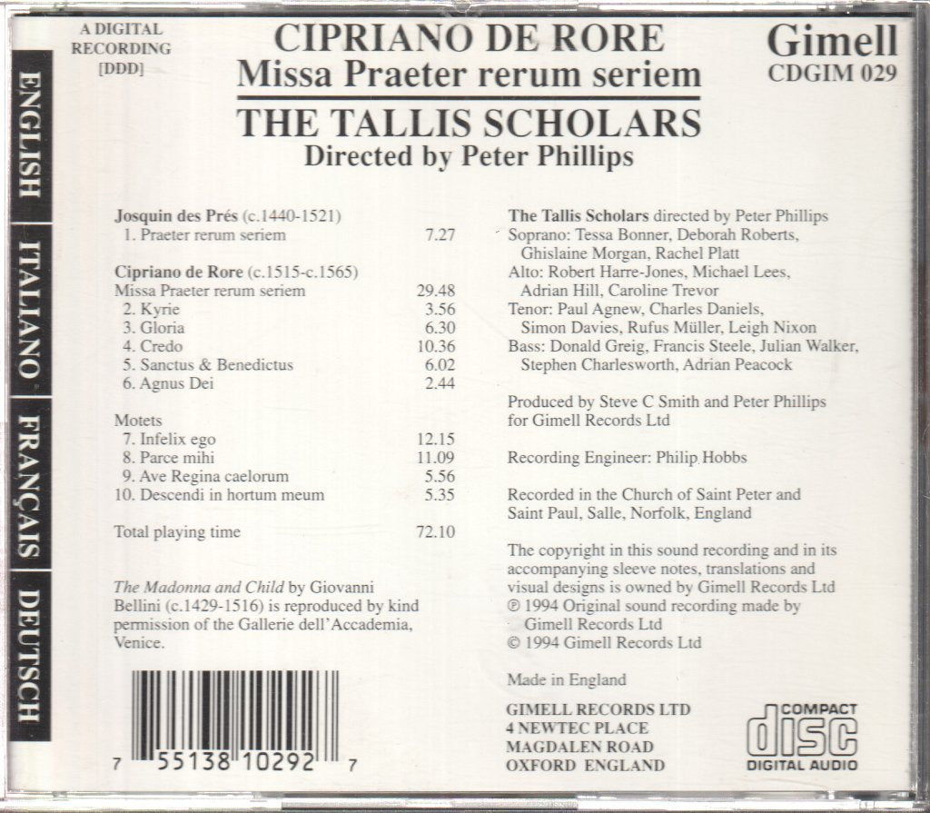 Tallis Scholars, Peter Phillips - Cipriano De Rore - Missa Praeter Rerum Seriem - Cd