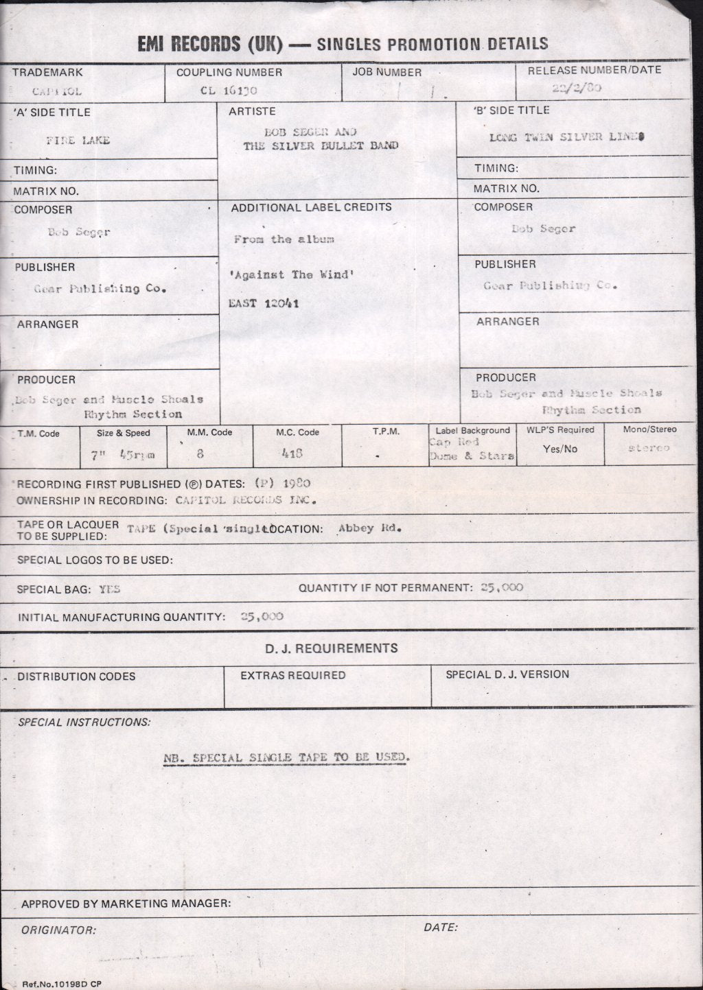 Bob Seger And The Silver Bullet Band - Fire Lake - 7 Inch