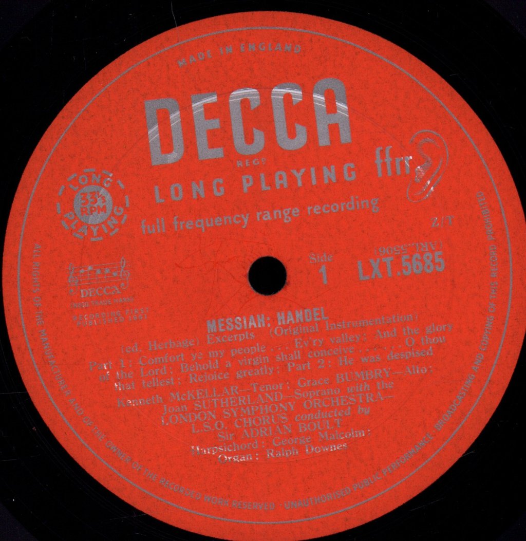 Joan Sutherland / Kenneth McKellar / Grace Bumbry / David Ward / Sir Adrian Boult - Handel Messiah Excerpts - Lp