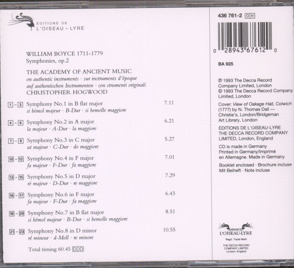 Academy Of Ancient Music, Christopher Hogwood - Boyce - Symphonies, Op. 2 - Cd
