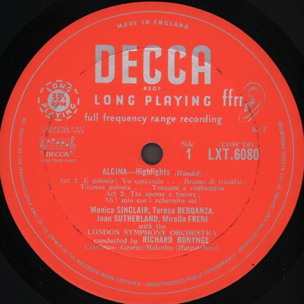 Joan Sutherland / Teresa Berganza / Richard Bonynge / London Symphony Orchestra - Handel - Alcina Highlights - Lp