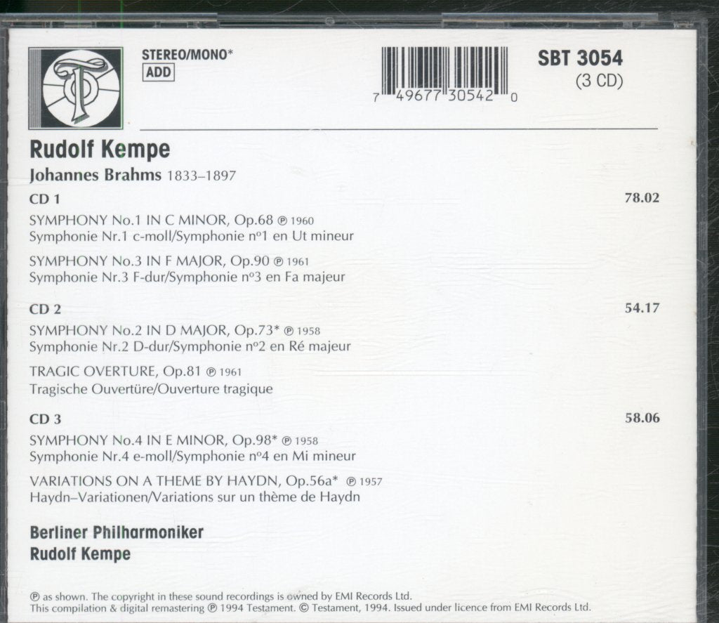 Rudolf Kempe, Berliner Philharmoniker - Brahms - Four Symphonies / Variations On A Theme / Tragic Overture - Triple Cd