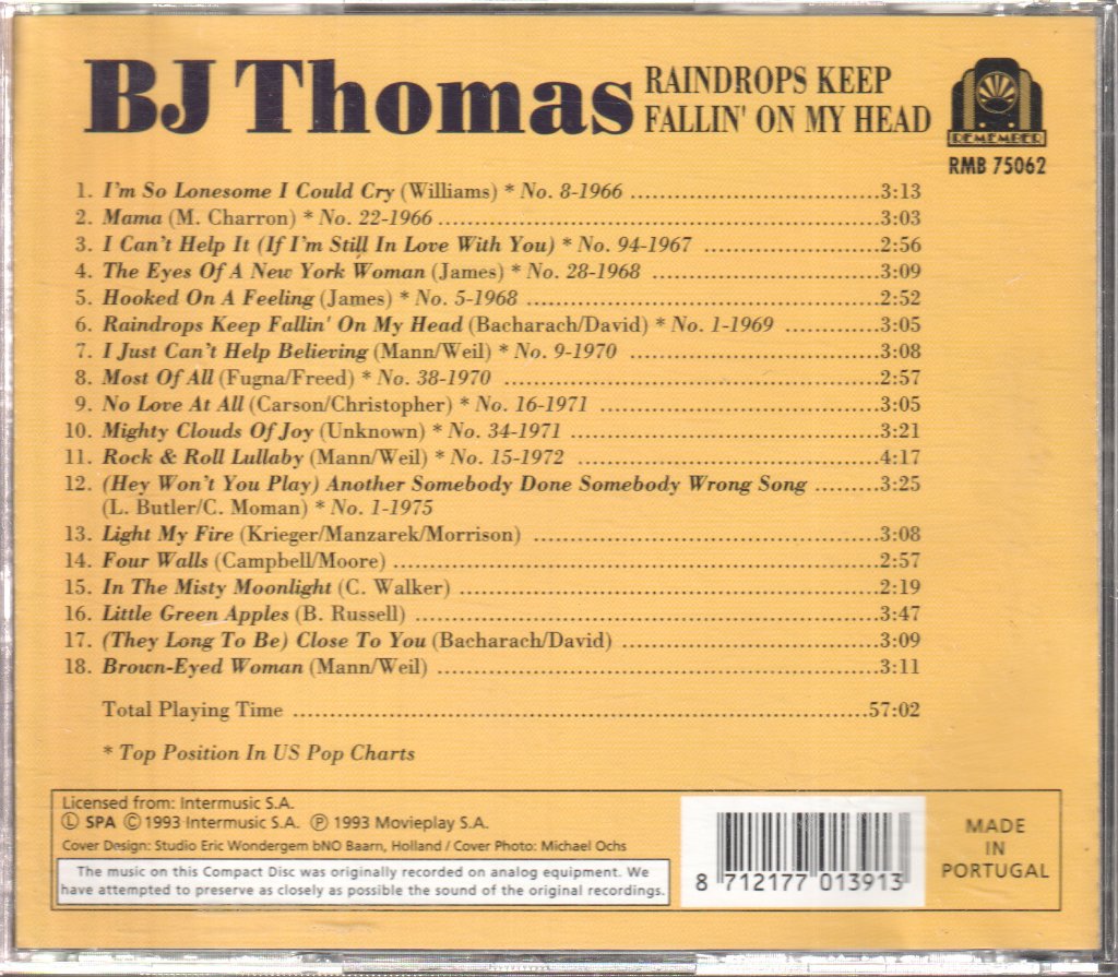 B.J. Thomas - Raindrops Keep Fallin' On My Head - Cd